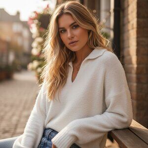 Abound Cream V Neck Collared Sweater L Soft Knit Relaxed Fit Cozy Minimalist